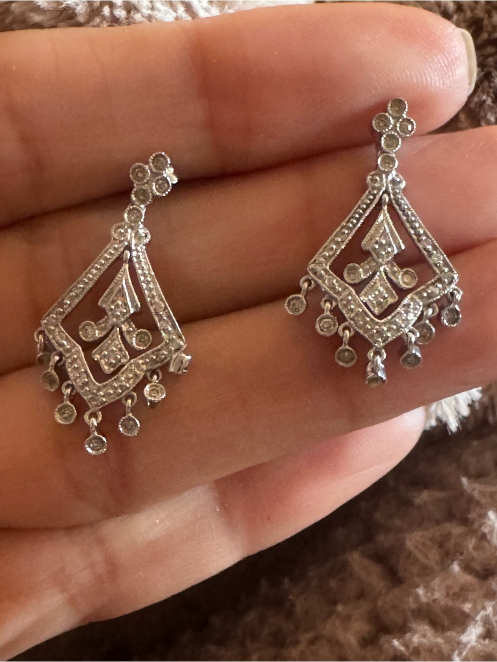 Vintage 14K Solid White Gold Natural Diamond Chandelier Drop Earrings  5.2g